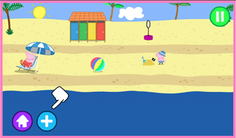 peppa pig sunbathing in a beach chair and george building a sand castle